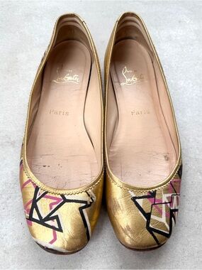 Christian Louboutin Gold Leather Ballet Flats with Pink & Black Accents